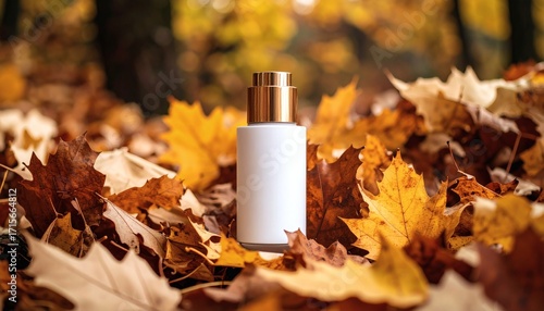 Autumn beauty product packaging in fallen leaves