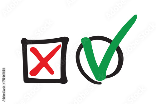 Red and Green mark in boxes. Vector illustration. Flat