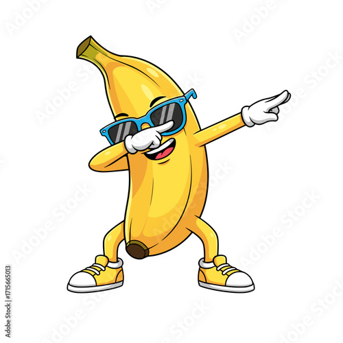 banana character, cartoon banana, funny banana, cool banana, banana with sunglasses, dab pose, dancing banana, playful banana, banana mascot, cute banana, banana illustration, silly banana, trendy ban