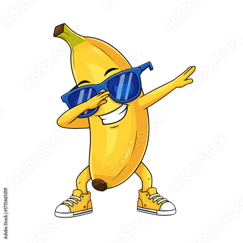 banana character, cartoon banana, funny banana, cool banana, banana with sunglasses, dab pose, dancing banana, playful banana, banana mascot, cute banana, banana illustration, silly banana, trendy ban