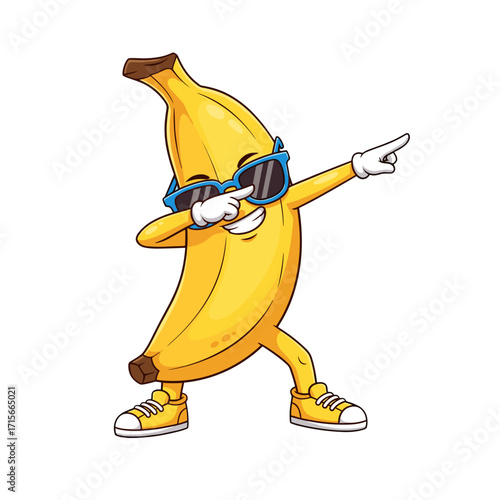 banana character, cartoon banana, funny banana, cool banana, banana with sunglasses, dab pose, dancing banana, playful banana, banana mascot, cute banana, banana illustration, silly banana, trendy ban