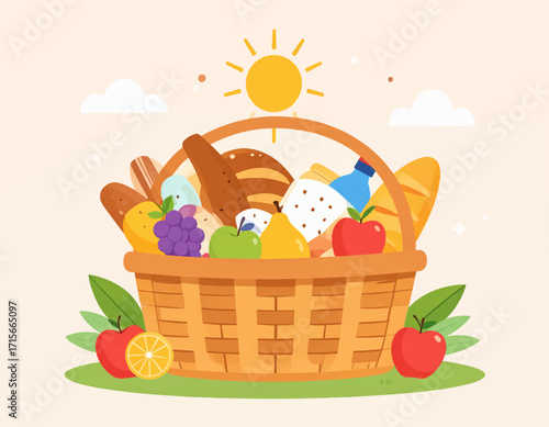 Picnic Basket Filled with Food Under the Sun