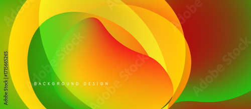 Abstract fluid shapes blend vibrant colors. Yellow, orange, green create dynamic composition. Modern design element for backgrounds.
