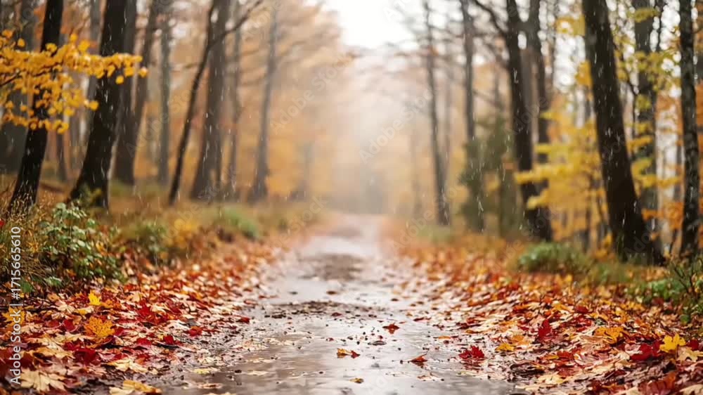 Serene autumn forest scene with gentle rain falling on colorful leaves and path motion