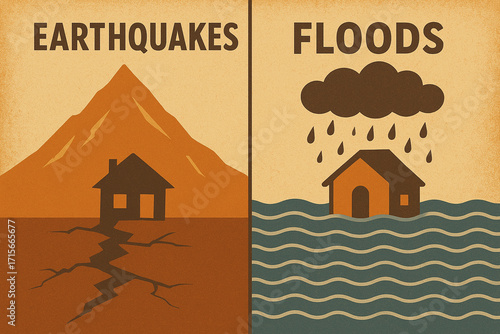 Contrast Effects of Floods and Earthquakes on the Environment and Society