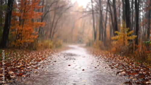 Scenic autumn rain falling on forest path peaceful nature atmospheric motion