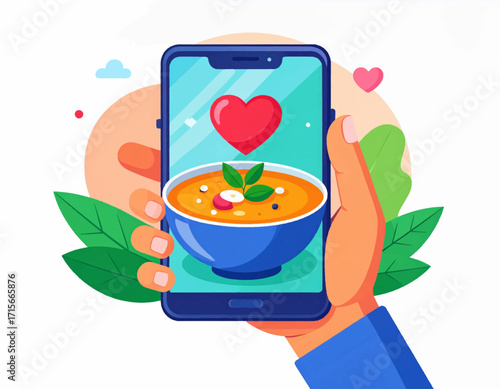 A person holding a smartphone with a healthy soup recipe app, symbolizing online food delivery, digital cookbooks, and wellness tracking