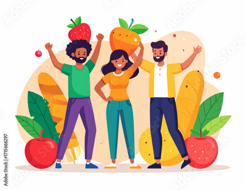Joyful diverse people holding up fresh organic food. A vibrant illustration about nutrition, community, and healthy choices