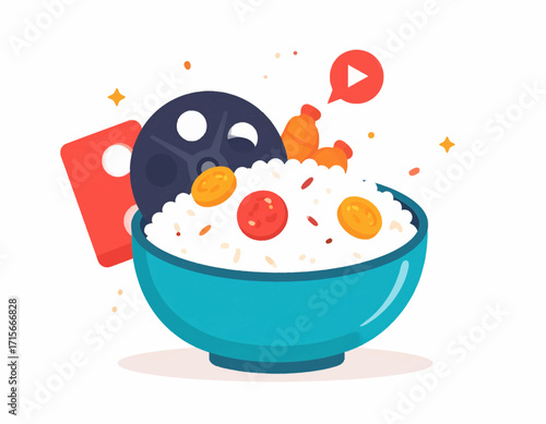 Flat vector illustration of a movie night concept, featuring a bowl of rice, popcorn, and cinema elements for entertainment and leisure