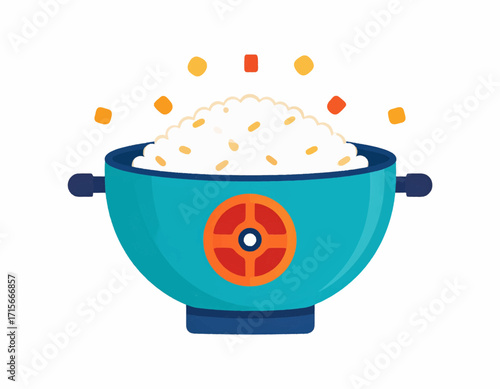 A vibrant flat vector illustration of a modern blue rice cooker filled with hot, steaming white rice. A clean icon representing staple food, cooking, and Asian cuisine