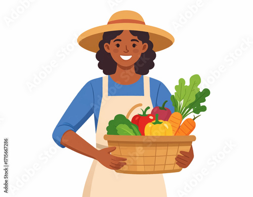 Smiling woman in a straw hat holding a basket of fresh organic vegetables, celebrating a successful harvest from her garden