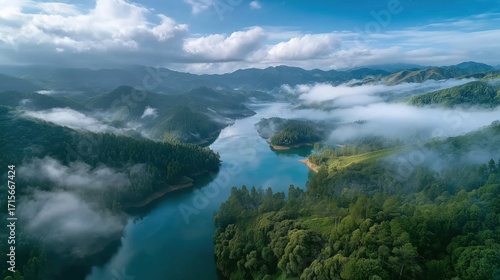 Aerial View of Serene River Meandering Through Lush Green Forests Under Cloudy Sky