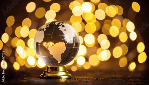 Crystal Earth Globe Glowing Golden Bokeh Background