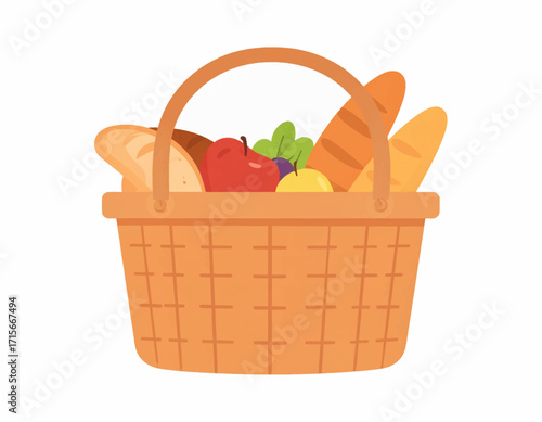 A delightful collection of fresh baked bread, vibrant fruits, and crisp greens nestled in a classic wicker basket, perfect for an outdoor picnic or a bountiful harvest