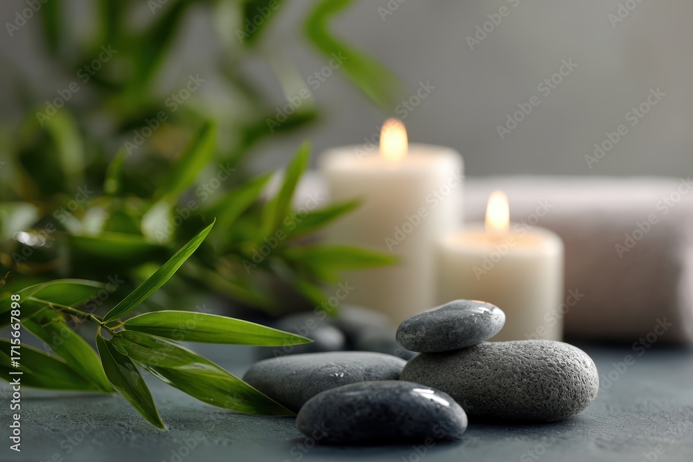 Obraz premium Serene spa environment with smooth stones, candles, and bamboo plants creating a relaxing ambiance
