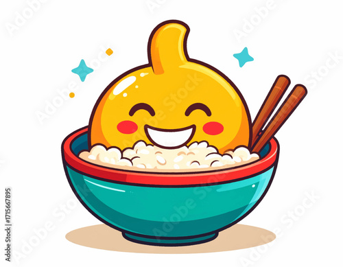 Cute happy cartoon smiling character with bright eyes and a yellow head sitting in a bowl of rice with chopsticks
