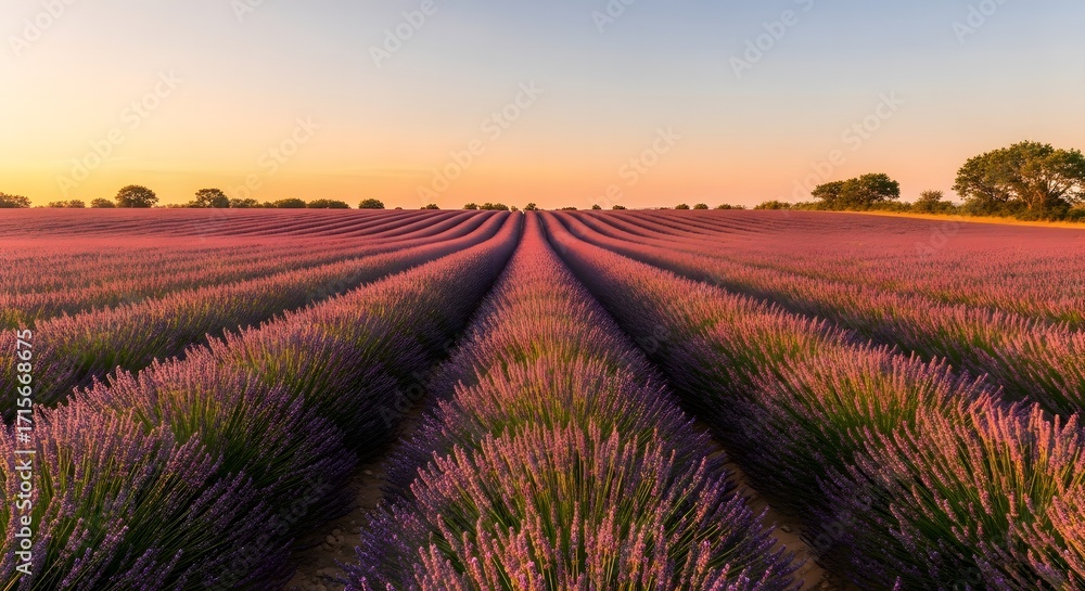 Obraz premium Lavender field at sunset with rows of purple flowers and a clear sky.