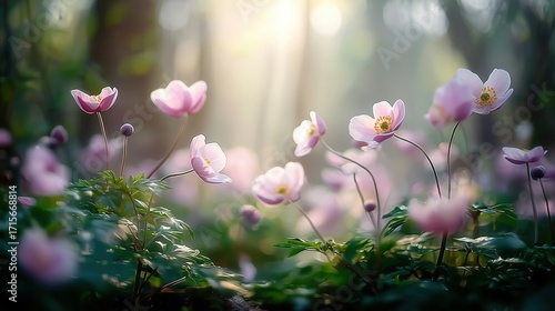 Delicate Pink Wildflowers Illuminated by Soft Morning Light in Enchanted Forest