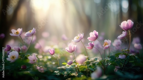 Delicate Pink Flowers Blooming in Enchanted Forest with Soft Sunlight Filtering Through