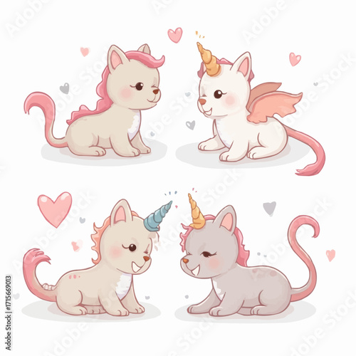 Adorable Unicorn Cats A Whimsical Illustration of Cute Creatures and Heart-Shaped Accents