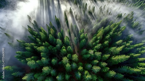 Stunning Aerial View of Lush Green Pine Forest Surrounded by Soft Mist and Sunlight Rays