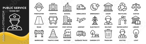 Public Service icon collection set. Containing design Police, Firefighter, Hospital, School, Ambulance, Emergency