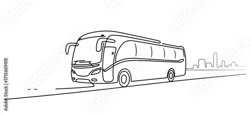 Detailed sketch of a modern passenger coach bus driving on an open road with trees in the distance vector