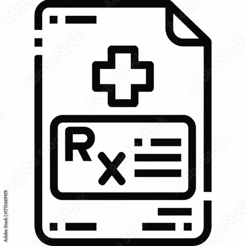 A black and white line icon of a medical prescription document with an Rx symbol.
