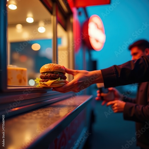 Motion-blurred burger being handed out of a food truck window, blue dusk light and glowing vehicle lights in background
