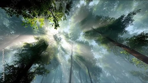 Amazing Sunlight Filtering Through Tall Trees in a Mystical Forest Landscape
