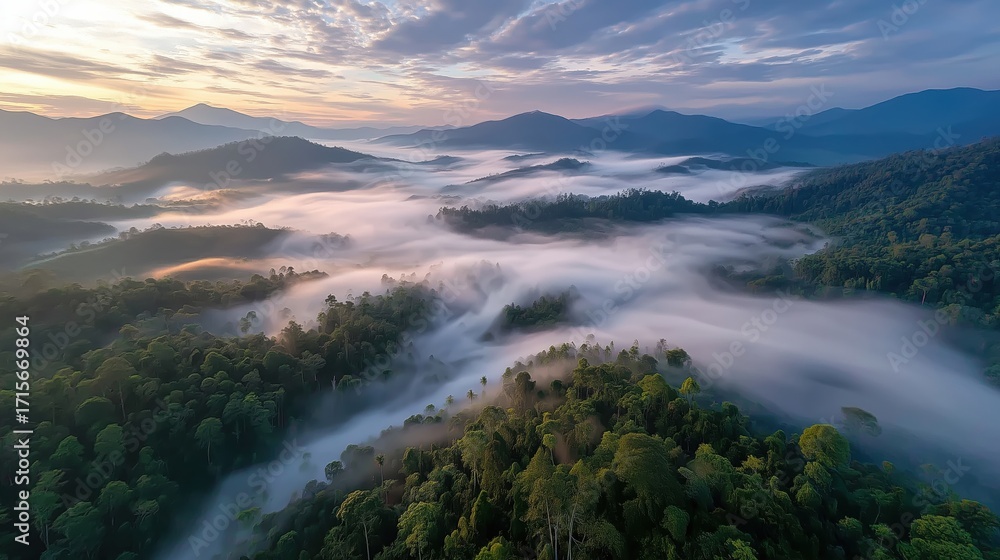 Obraz premium Aerial View of Lush Green Forests Shrouded in Mist Under a Golden Sunrise