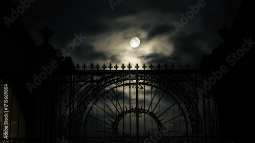 Full moon rising behind gothic arch and wrought iron gates, ornate stone silhouette, smoky clouds and dramatic moonlight shadows