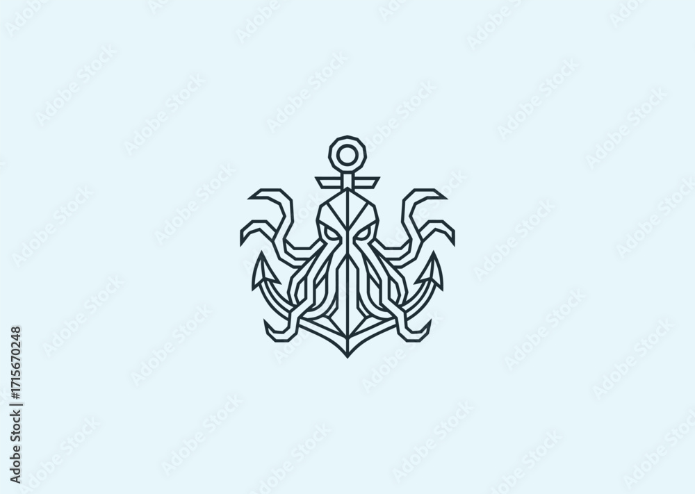 Obraz premium A geometric style line art logo of a Kraken wrapped around an anchor, symbolizing power, mystery, and the sea