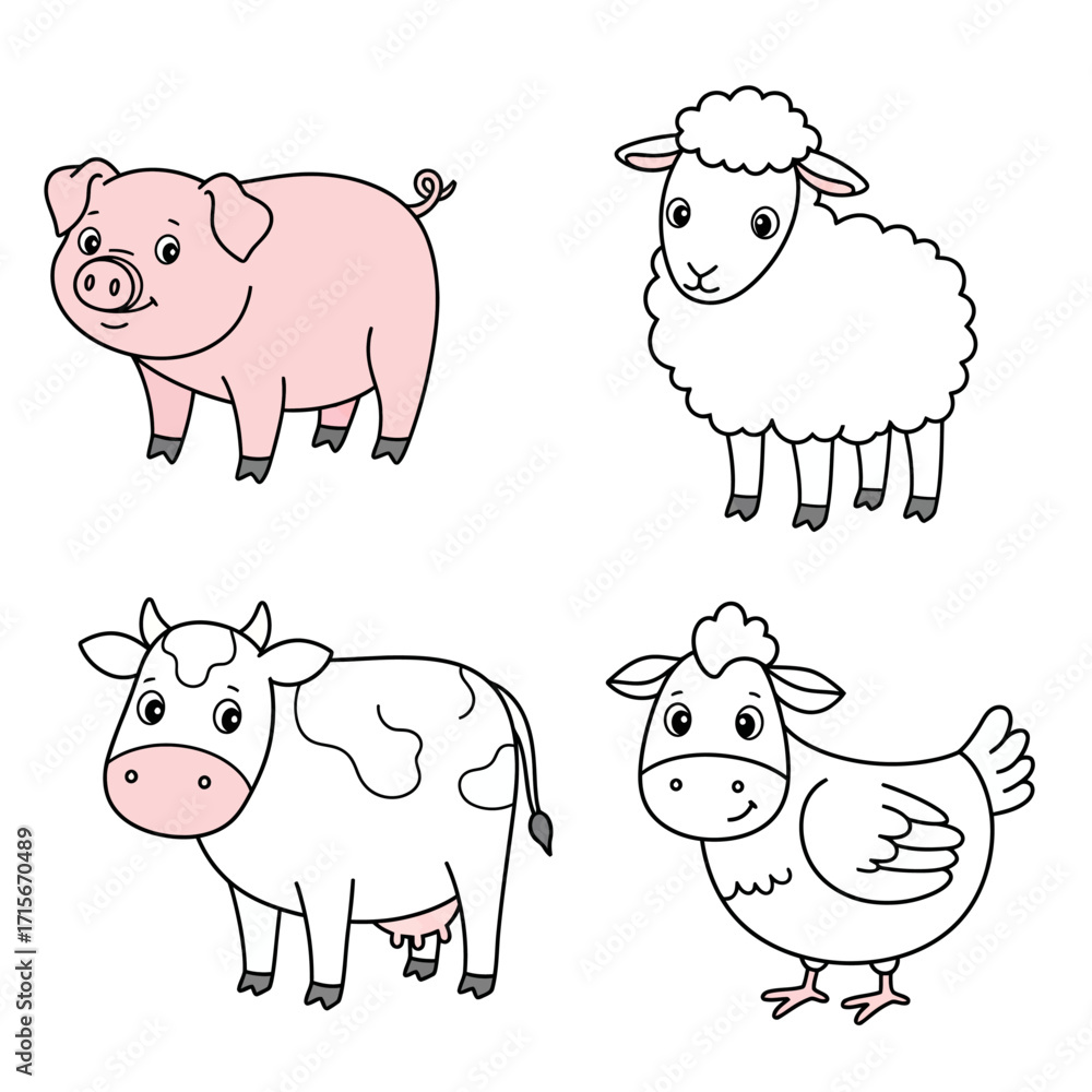 Fototapeta premium Farm Animal Cartoon Outline Vector Set – Pig Sheep Cow Chicken Coloring Page Illustration