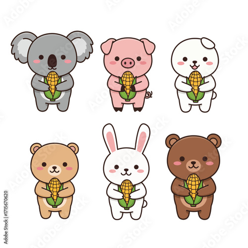 Cute Animal Cartoon Vector Set – Koala Pig Dog Bear Bunny Corn Food Illustration


