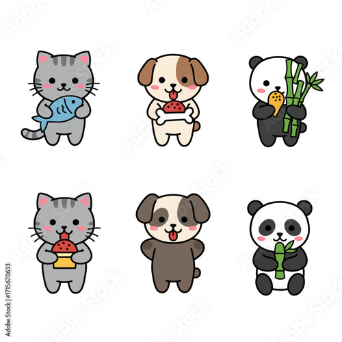 Cute Animal Cartoon Vector Set – Cat Dog Panda Food Character Illustration


