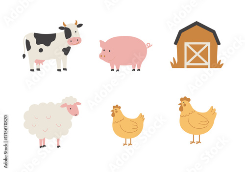 Farm Animal Cartoon Vector Set – Cow Pig Chicken Sheep Barn Illustration

