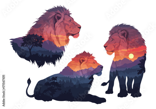Double Exposure Lion Silhouette Vector – Sunset Nature Landscape Art

