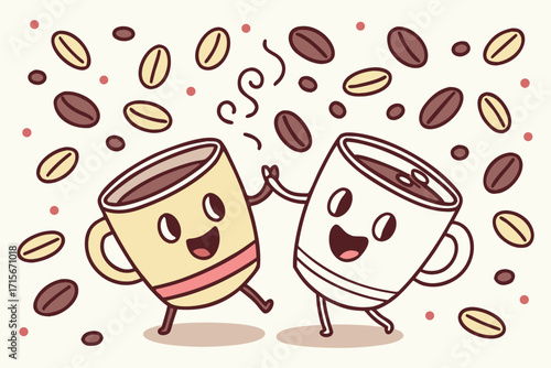 Two Happy Coffee Cups High-Five in a Coffee Bean Shower