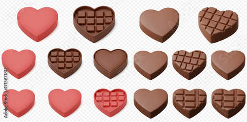 An assortment of heart-shaped chocolates, some plain and some with a grid pattern, in red and brown hues, arranged on a transparent background.