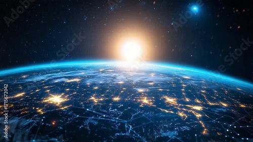 Sunrise over Earth: A stunning view of Earth from space, showcasing the illuminated cities below. The sun bursts forth, casting a celestial glow, against a background of twinkling stars.