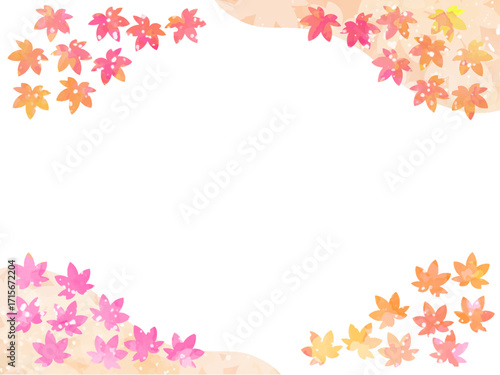 モミジの紅葉イメージの背景素材。水彩風テクスチャー。かわいい色調の葉っぱのシルエット。光や水滴の輝き。対角に山と葉っぱのシルエットのコンビネーション。和風のあしらいのフレーム