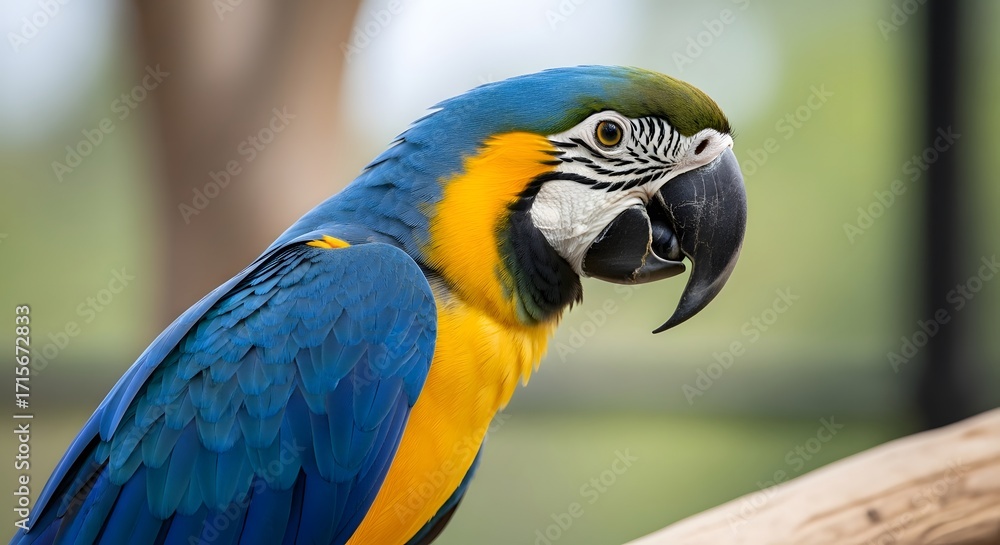Fototapeta premium A close-up profile of a vibrant blue-and-yellow macaw parrot perched on a branch.