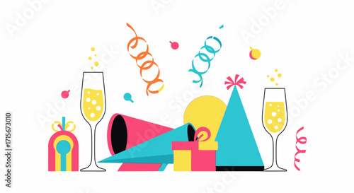 Celebration Party Popper Hats Balloon Confetti and Champagne Glasses for Festive Event, Birthday, New Year, Wedding, Christmas, Anniversary, Colorful Decorations and Joyful Atmosphere