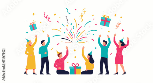 Celebration Party Scene with Excited Diverse Group of People Enjoying Fireworks, Gift Boxes, and Confetti, Highlighting Joy, Festivity, and Social Gathering for Event Promotion and Holiday Advertising