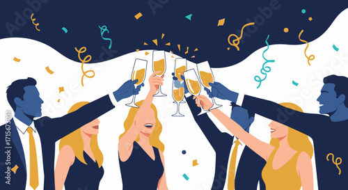 Celebratory Business Toasting with Champagne Flutes at Corporate Event, Happy Team Cheers and Festive Confetti for Success Achievement, Teamwork, Celebration, and Special Occasion