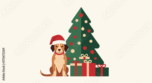 Christmas Celebration with a Cute Dog Sitting beside a Decorated Christmas Tree and Festive Gifts, Holiday Season, Cheerful, Winter Holidays, Family, Celebration, Festive Atmosphere, Christmas