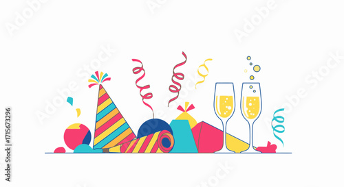 Colorful Celebration Party Scene with Party Hats Streamers Balloons and Champagne Glasses for Festive Events and Joyful Gatherings