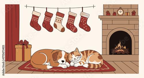 Cozy Christmas Living Room Scene with Festive Stockings, Warm Fireplace, Holiday Decorations, and Two Pet Dogs Resting on Rug for Seasonal Celebration and Family Memories