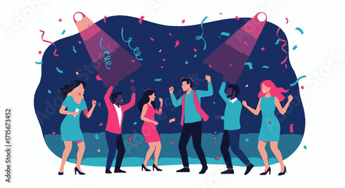Diverse Group of Young Adults Dancing and Celebrating at a Nightclub Party Event with Dynamic Lighting and Festive Atmosphere, Perfect for Entertainment, Social Gathering, and Lifestyle Promotions